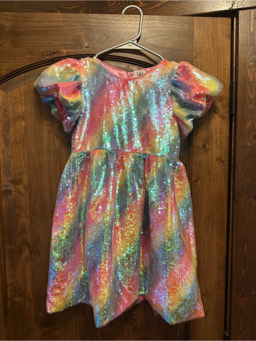 Lola + The Boys Rainbow Sequin Puff Sleeve Dress